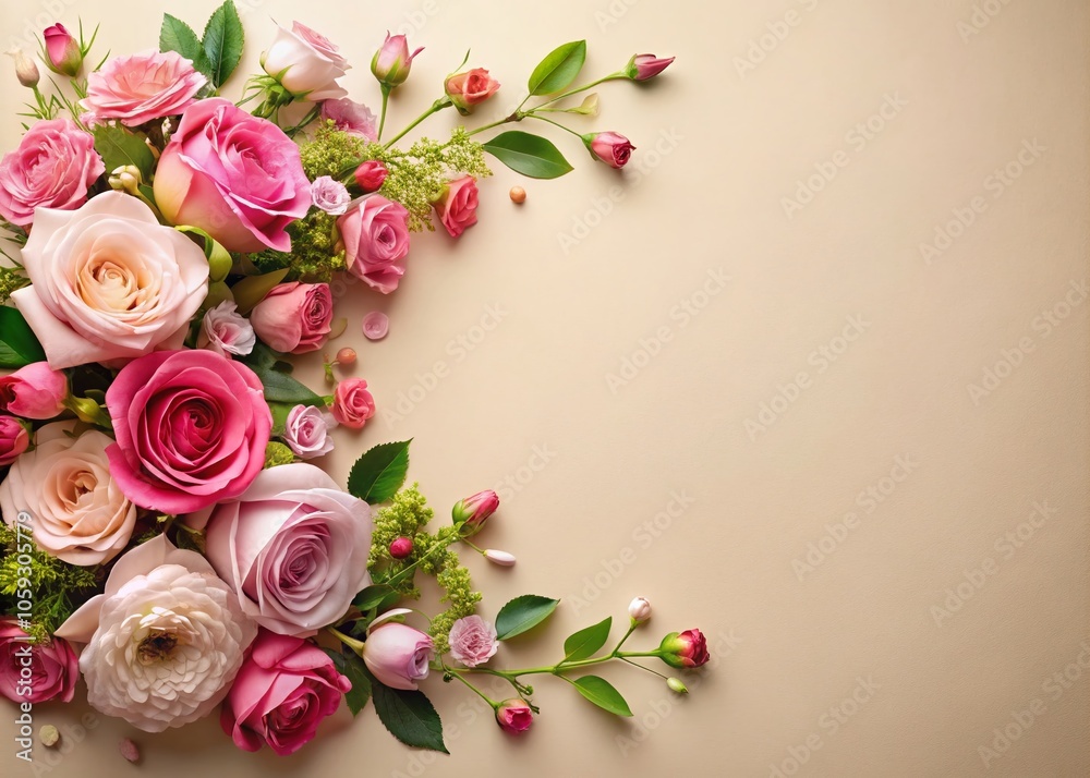 Delicate Pink Roses and Floral Border on Beige Background for Elegant Design and Decoration Delicate Pink Roses and Floral Border on Beige Background for Elegant Design and Decoration
