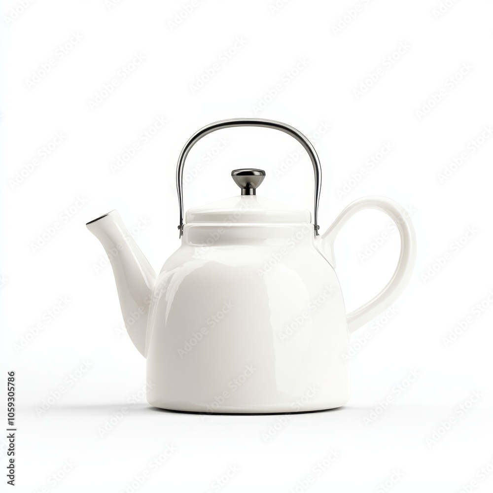 Fototapeta premium A classic white teapot with a sleek design and metallic handle, perfect for brewing tea.