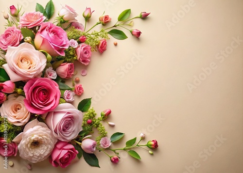 Delicate Pink Roses and Floral Border on Beige Background for Elegant Design and Decoration