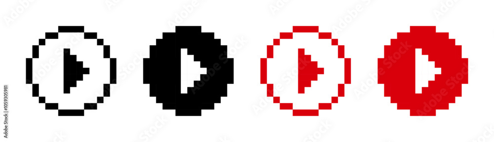 Play 8 bit pixel button minimalist round icon. Red play button symbol. Play 8 bit pixel button minimalist round icon. Red play button symbol.