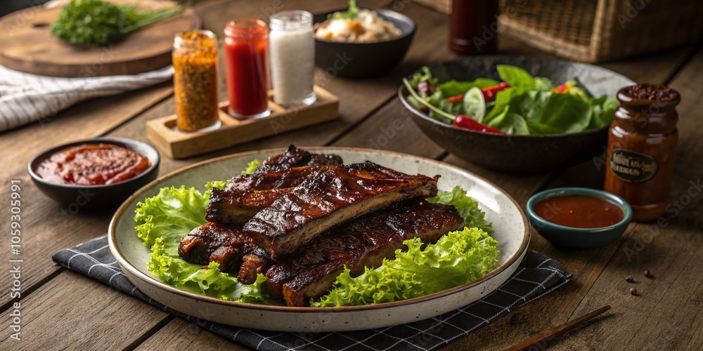 Delicious BBQ Ribs with Fresh Greens and Condiments on a Rustic Wooden Table Delicious BBQ Ribs with Fresh Greens and Condiments on a Rustic Wooden Table