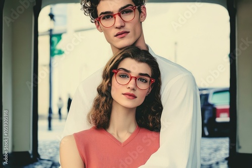 A Couple Wearing Red Rimmed Glasses Posing Together In An Archway photo