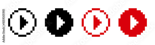 Play 8 bit pixel button minimalist round icon. Red play button symbol.