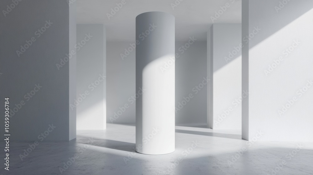 Minimalist Modern Architecture: Sunlit White Interior with Cylindrical Column Design. Generative ai Minimalist Modern Architecture: Sunlit White Interior with Cylindrical Column Design. Generative ai