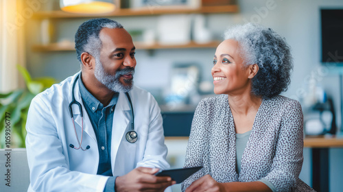 A caring doctor attentively consults with a smiling senior patient in a modern, comfortable medical office. The scene conveys trust, professional healthcare, and positive patient relationships