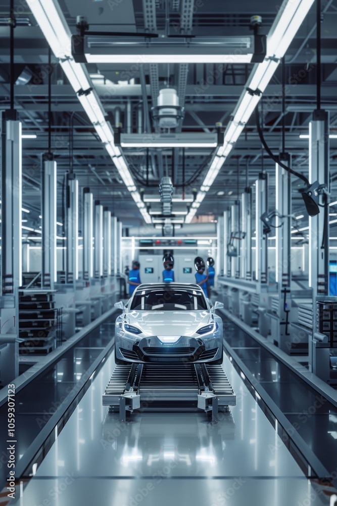 Naklejka premium Futuristic Automotive Factory: Autonomous Vehicles Production with Advanced Robotics