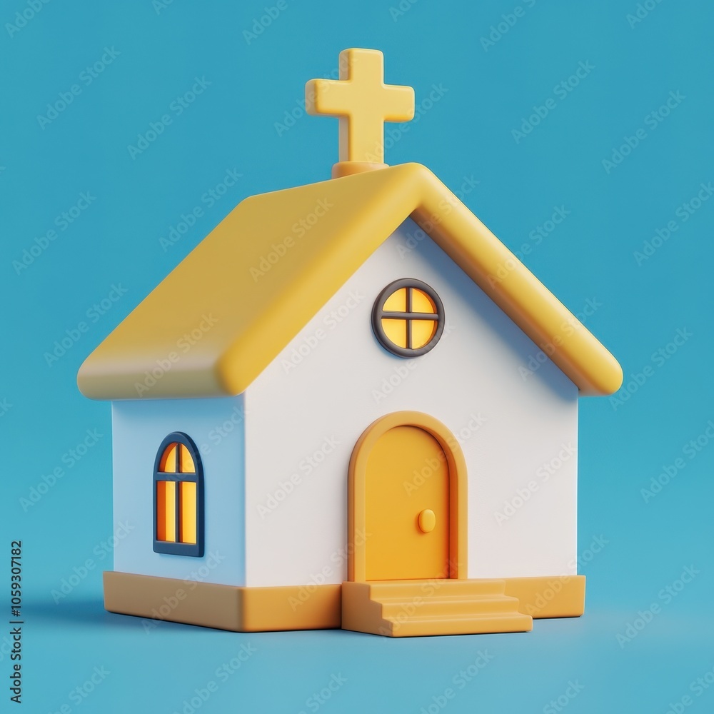 Whimsical Church on a Bright Blue Background Whimsical Church on a Bright Blue Background