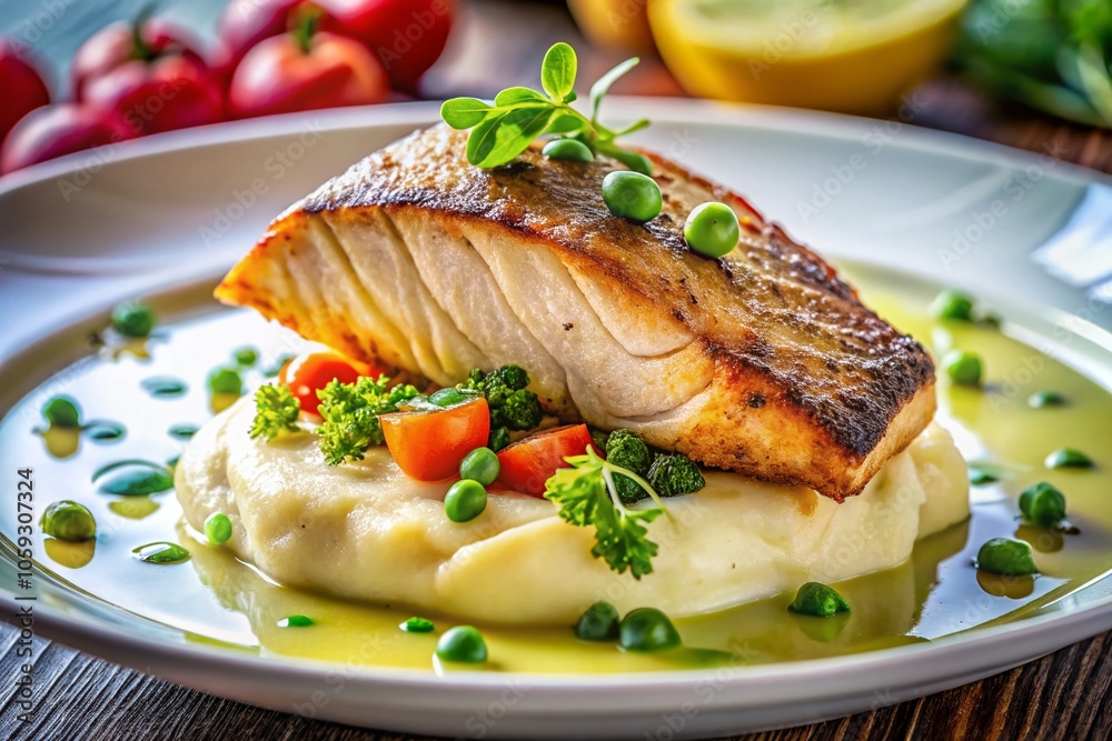 Delicious Sea Fish Fillet Fried with Mashed Potatoes - Restaurant Plate Closeup, Culinary Delight, Gourmet Dining Experience, Tasty Seafood Dish, Food Photography Delicious Sea Fish Fillet Fried with Mashed Potatoes - Restaurant Plate Closeup, Culinary Delight, Gourmet Dining Experience, Tasty Seafood Dish, Food Photography