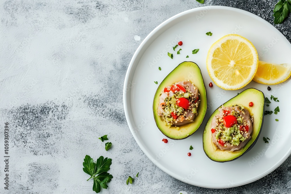 Tuna filled avocado on a white dish Healthy organic options Detox diet idea Space for text aerial view Tuna filled avocado on a white dish Healthy organic options Detox diet idea Space for text aerial view