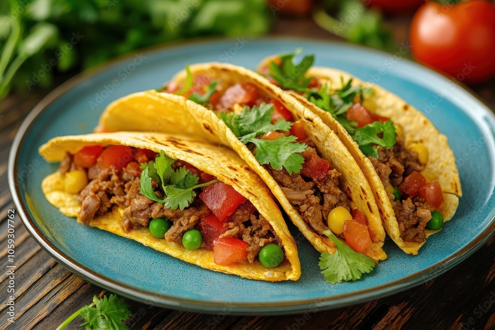 Two pork quesadillas with tomato and pea stalks on a blue plate on a wooden table Mexican tacos Two pork quesadillas with tomato and pea stalks on a blue plate on a wooden table Mexican tacos