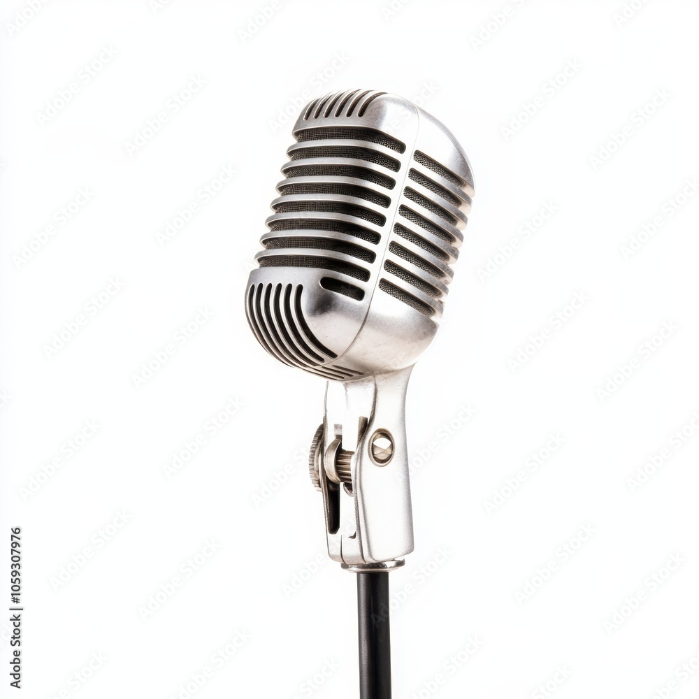 A classic silver microphone, perfect for singing and capturing sound, set against a clean white background.