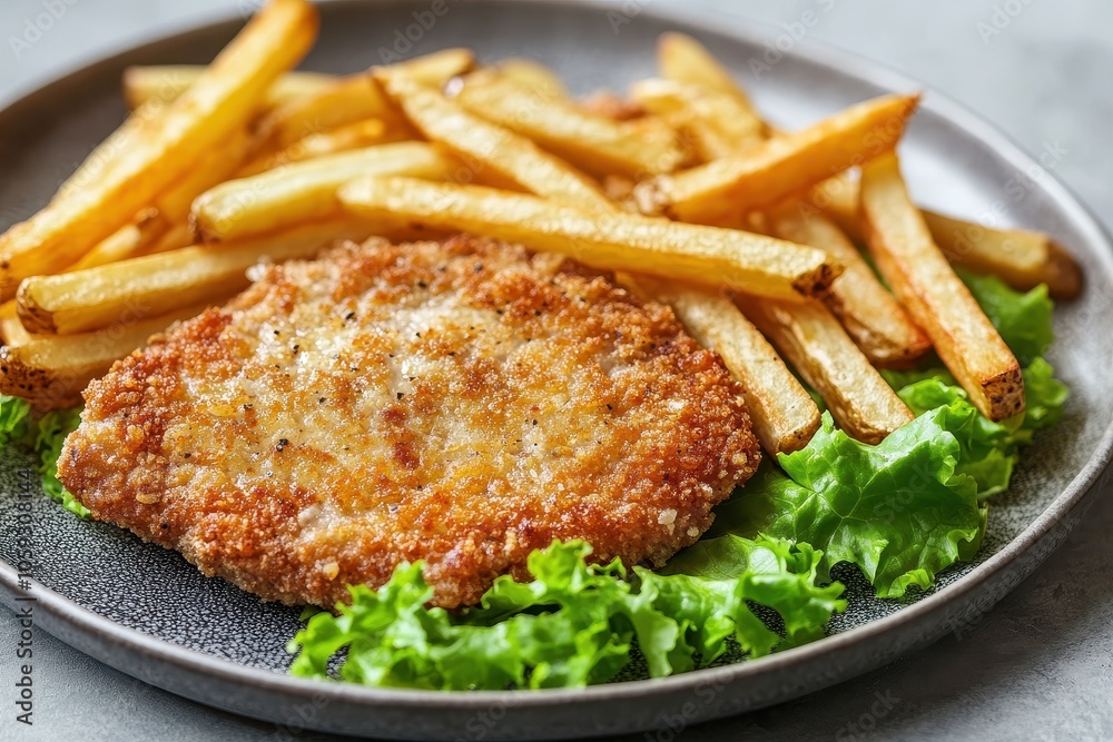 Veal schnitzel with fries and lettuce on a modern plate Veal schnitzel with fries and lettuce on a modern plate