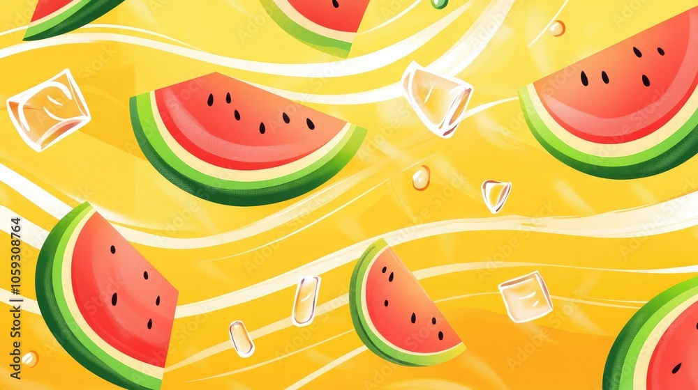 Refreshing Watermelon Splash: A Vibrant Summer Scene with Juicy Watermelon Slices, Ice Cubes, and Bright Yellow Background, Perfect for Capturing Summer Vibes and Cool Refreshment Refreshing Watermelon Splash: A Vibrant Summer Scene with Juicy Watermelon Slices, Ice Cubes, and Bright Yellow Background, Perfect for Capturing Summer Vibes and Cool Refreshment