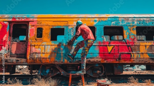 Urban Vandalism: Street Artist Spraying Vibrant Graffiti on Abandoned Train in Creative Rebellion against Urban Decay photo