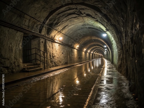 Dimly Lit Underground Tunnel with Reflective Wet Floor – Atmospheric Landscape Photography