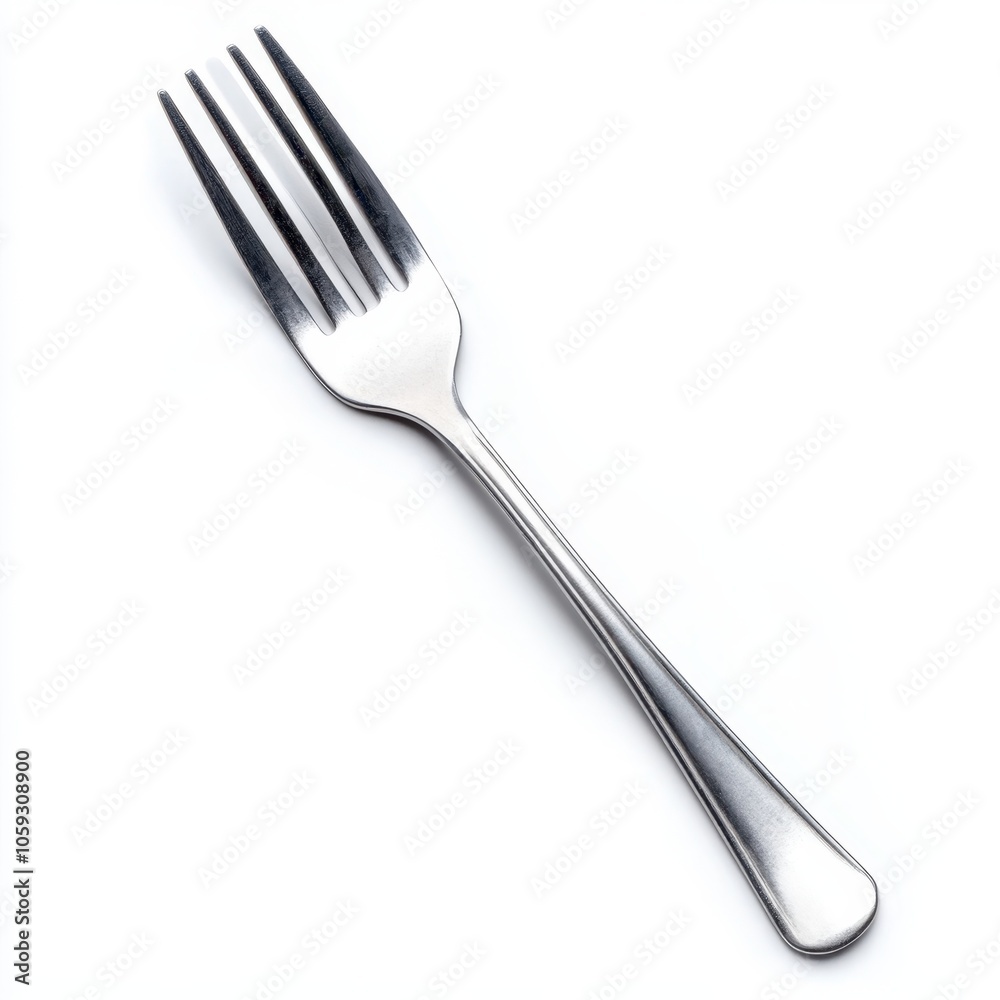 A shiny stainless steel fork with four tines, designed for dining and food enjoyment. A shiny stainless steel fork with four tines, designed for dining and food enjoyment.