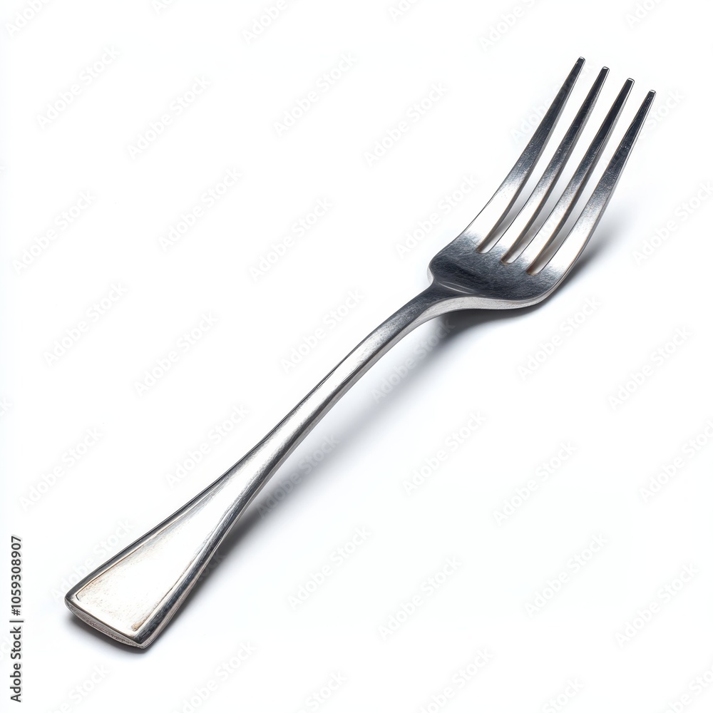 A simple silver fork with four tines, resting on a white background, showcases a classic dining utensil used for eating. A simple silver fork with four tines, resting on a white background, showcases a classic dining utensil used for eating.