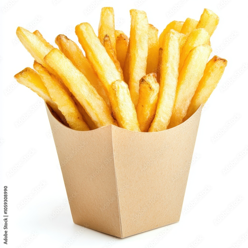 A container filled with golden, crispy French fries, showcasing their appealing texture and color. A container filled with golden, crispy French fries, showcasing their appealing texture and color.