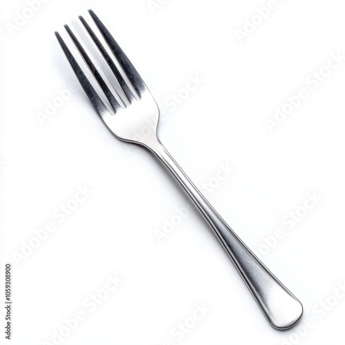 A shiny stainless steel fork with four tines, designed for dining and food enjoyment.