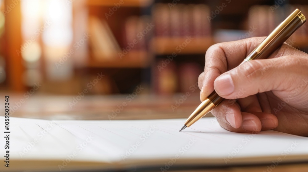 Close-up of hand writing with pen in library setting amidst warm lighting Close-up of hand writing with pen in library setting amidst warm lighting