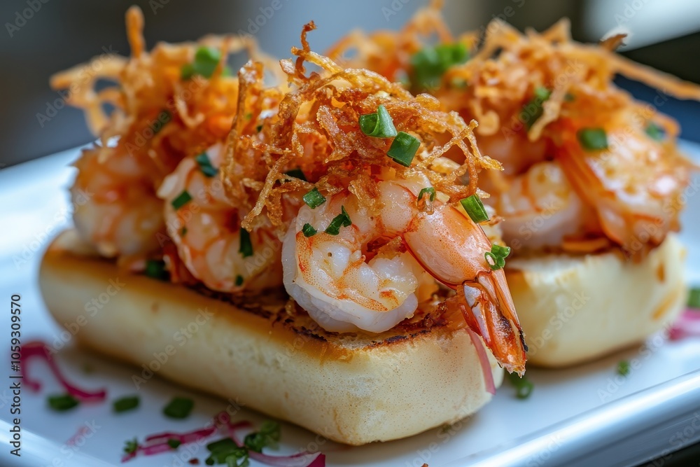 Zoomed in view of shrimp sandwich adorned with crunchy elements Zoomed in view of shrimp sandwich adorned with crunchy elements
