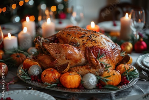 Elegant holiday dinner setting with roasted turkey and festive decorations