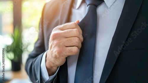 Confident businessman adjusting tie in modern office setting for professional success