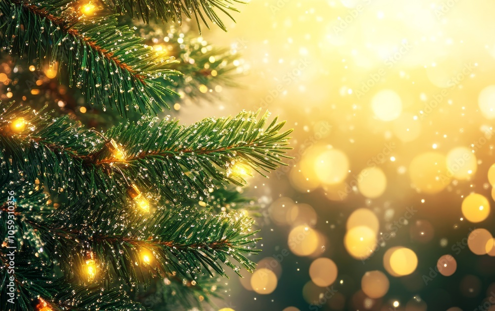A close-up of a Christmas tree branch adorned with warm lights, set against a shimmering golden background. A close-up of a Christmas tree branch adorned with warm lights, set against a shimmering golden background.