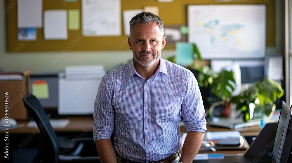 Confident middle-aged professional in modern office environment with clean aesthetic Confident middle-aged professional in modern office environment with clean aesthetic