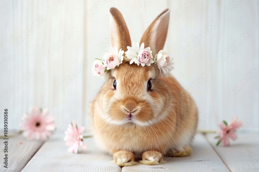 Adorable Easter bunny wearing floral crown on white wooden background Adorable Easter bunny wearing floral crown on white wooden background