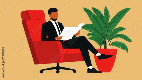 A stylish man in a suit relaxes on a red chair, reading a newspaper with a potted plant nearby, blending modern and elegant aesthetics.