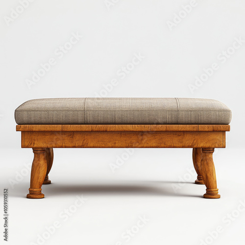 Elegant wooden bench with cushioned top on a white isolated background.
