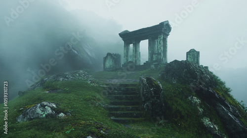 An ancient burial site at the peak, shrouded in thick fog.