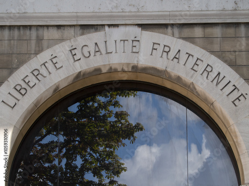 Liberty, Equality, Fraternity, the motto of the French revolution on the wall of Hotel de Ville in Saint Remy de Provence