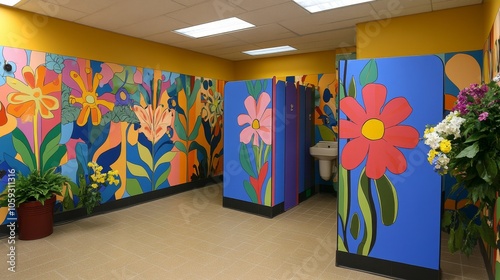 A vibrant restroom with floral murals and colorful stalls, promoting a cheerful atmosphere.