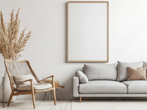 Three mockup templates clean blank rectangular white color on wall framed as a blank picture on background interior light living room with wicker rattan chair in boho style, 3d, photo.