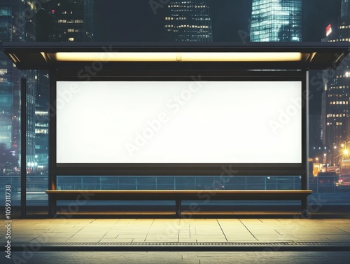 Clean empty wide billboard on night city street, transportation stop, photo. For advertising, announcement, product presentation, congratulations, marketing.