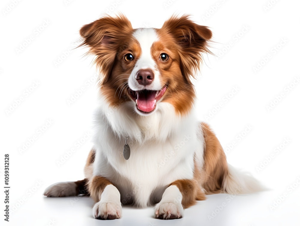 : This joyful dog, with fluffy brown and white fur, is lying down on a plain white background. Its bright eyes and wide smile bring out its playful and energetic nature.
: This joyful dog, with fluffy brown and white fur, is lying down on a plain white background. Its bright eyes and wide smile bring out its playful and energetic nature.