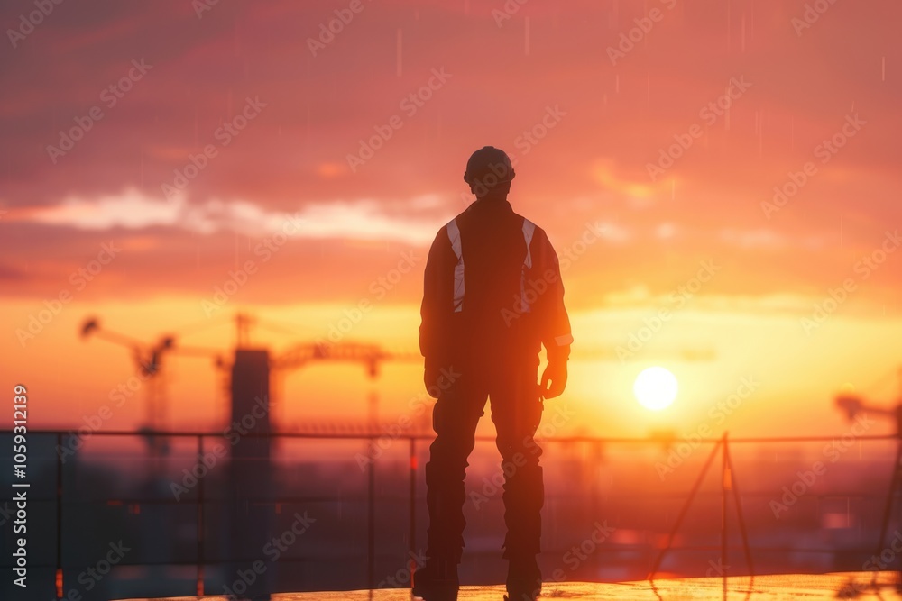 Engineer oversees construction crews on high ground for safety. Engineer oversees construction crews on high ground for safety.