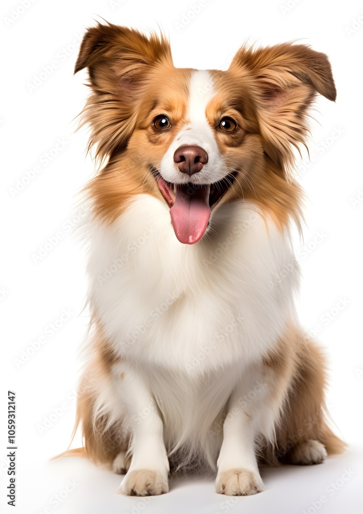 : This joyful dog, with fluffy brown and white fur, is lying down on a plain white background. Its bright eyes and wide smile bring out its playful and energetic nature.
: This joyful dog, with fluffy brown and white fur, is lying down on a plain white background. Its bright eyes and wide smile bring out its playful and energetic nature.