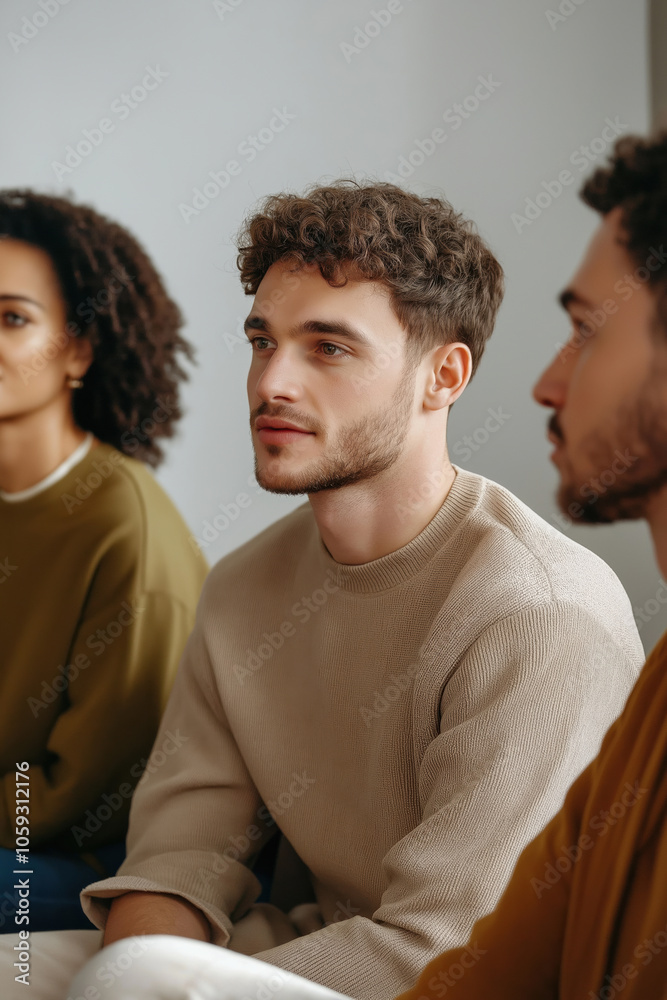 Young adults engaged in thoughtful discussion during a casual group meeting indoors Young adults engaged in thoughtful discussion during a casual group meeting indoors