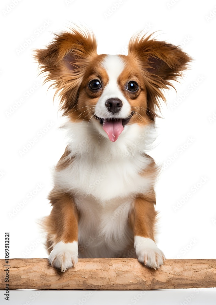 : This joyful dog, with fluffy brown and white fur, is lying down on a plain white background. Its bright eyes and wide smile bring out its playful and energetic nature.
: This joyful dog, with fluffy brown and white fur, is lying down on a plain white background. Its bright eyes and wide smile bring out its playful and energetic nature.