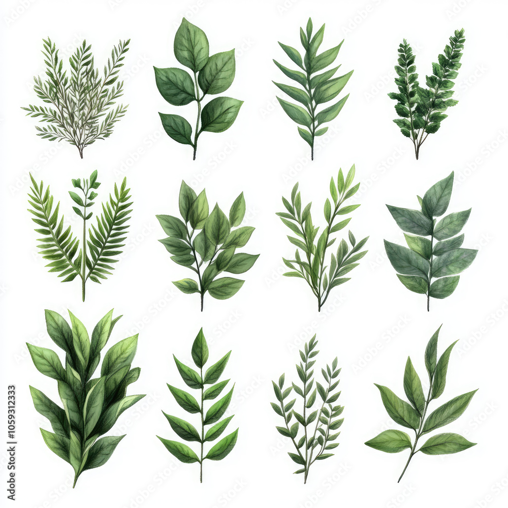 Obraz premium Various green leaves on a white isolated background.