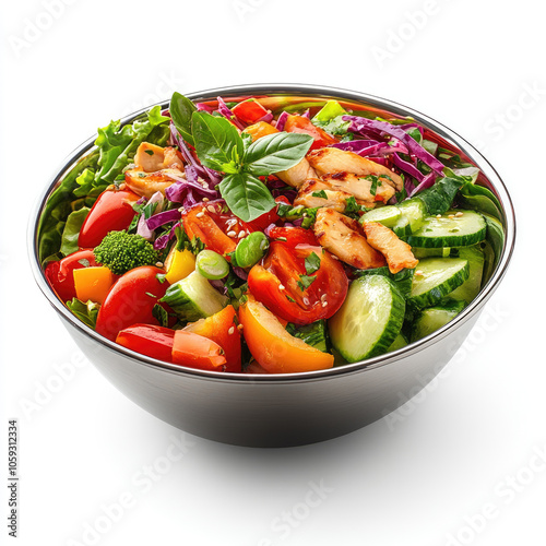 Vibrant salad bowl filled with fresh vegetables and grilled chicken, isolated on white.