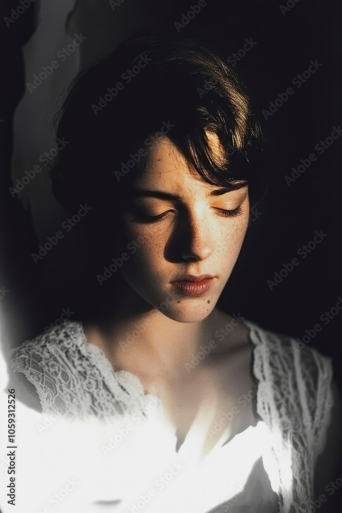 Portrait of a Young Woman with Freckles, Eyes Closed, Looking Down, Wearing a White Lace Top Portrait of a Young Woman with Freckles, Eyes Closed, Looking Down, Wearing a White Lace Top