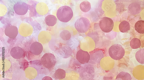 Abstract art with overlapping circles in pink, yellow, orange on a pink and off-white textured background. photo