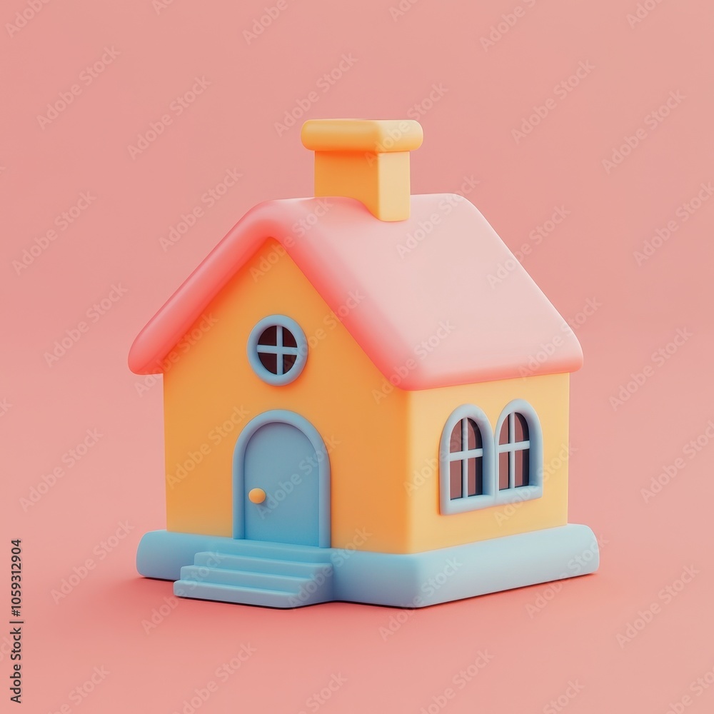 Whimsical Miniature House in Pastel Shades on Coral Background Whimsical Miniature House in Pastel Shades on Coral Background