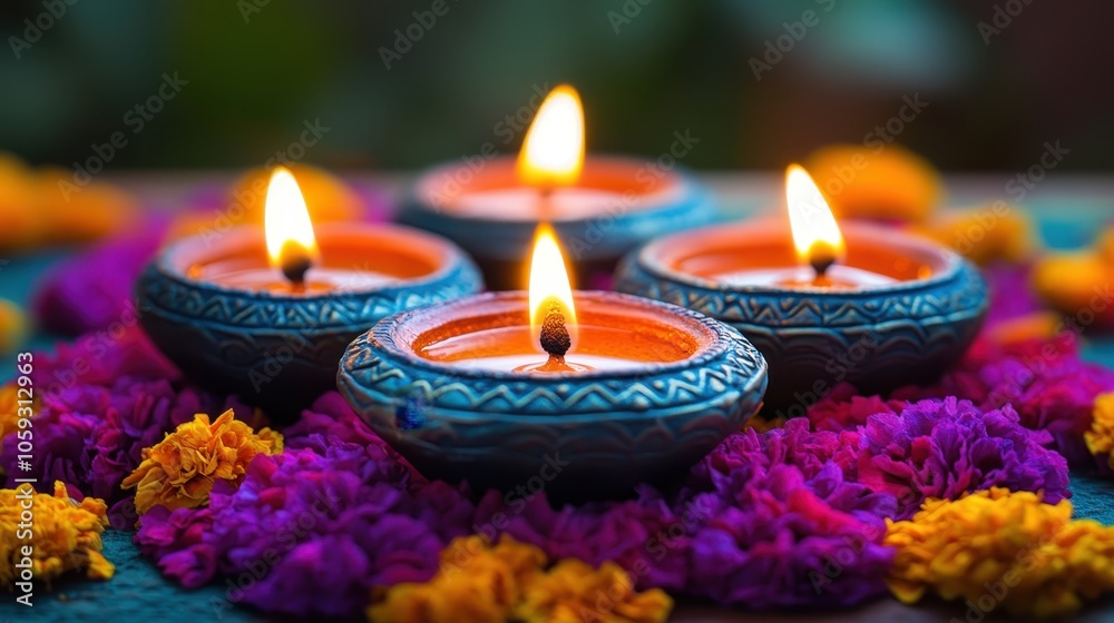 Diwali Oil Lamps with Marigold Flowers Diwali Oil Lamps with Marigold Flowers