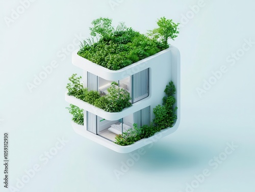 Isometric ecohouse with living walls and vertical gardens, Isometric house modern, green technology photo