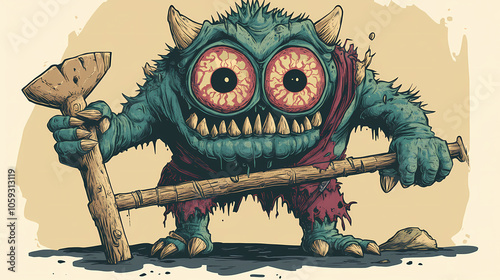 Giant oneeyed cyclop with club in one hand - a cartoon of a monster. Giant Cyclops. Illustration photo